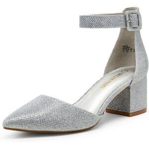 Dream Pairs Women's Silver Pointed Toe Closed Toe Low Block Ankle Strap Heels